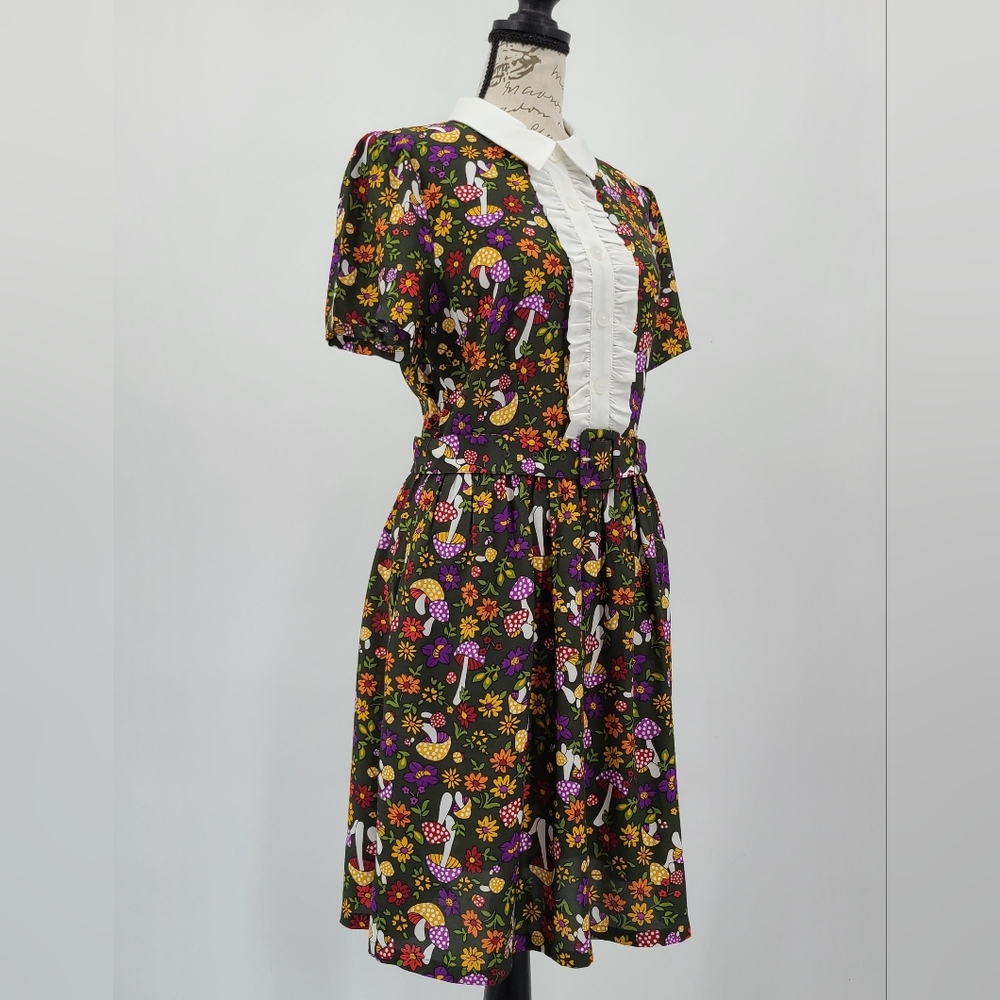 Modcloth Cottagecore Green Mushroom Print Collared Dress Size 4/Small